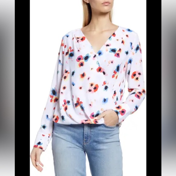 H by Halston Tops - Halogen wrap top v-neck white printed petite Large L nordstrom